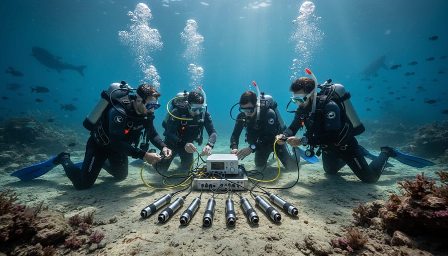 Marine scientist deploying hydrophone recording equipment on coral reef underwater