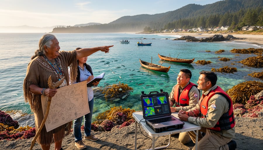 Multigenerational and diverse group of people examining tide pool together on coastal rocks