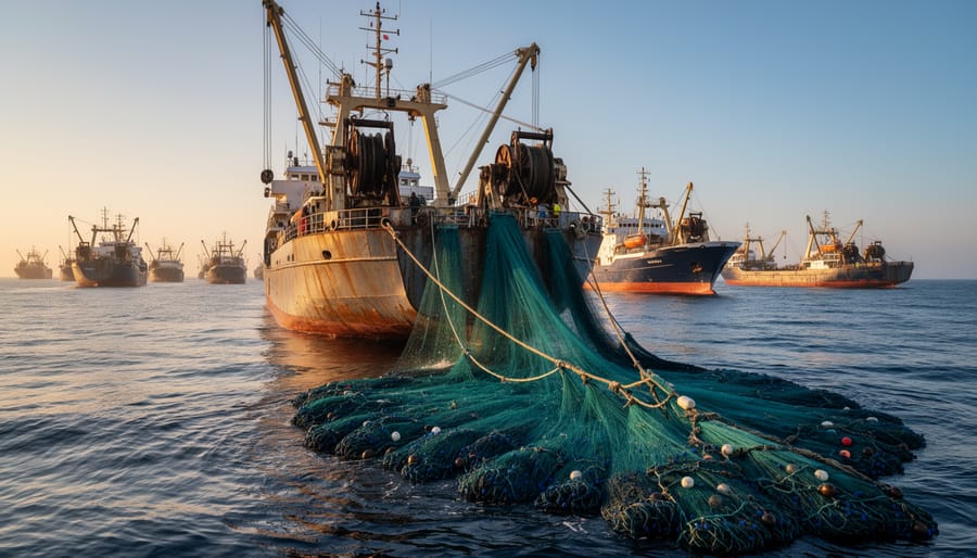 Large industrial fishing vessel hauling nets aboard deck at sea