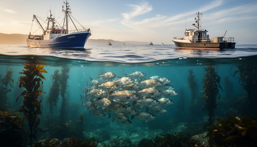 Split-level ocean photo with a commercial fishing trawler and a research vessel above water and a healthy school of fish and kelp forest below, taken at golden hour with a softly blurred distant coastline.
