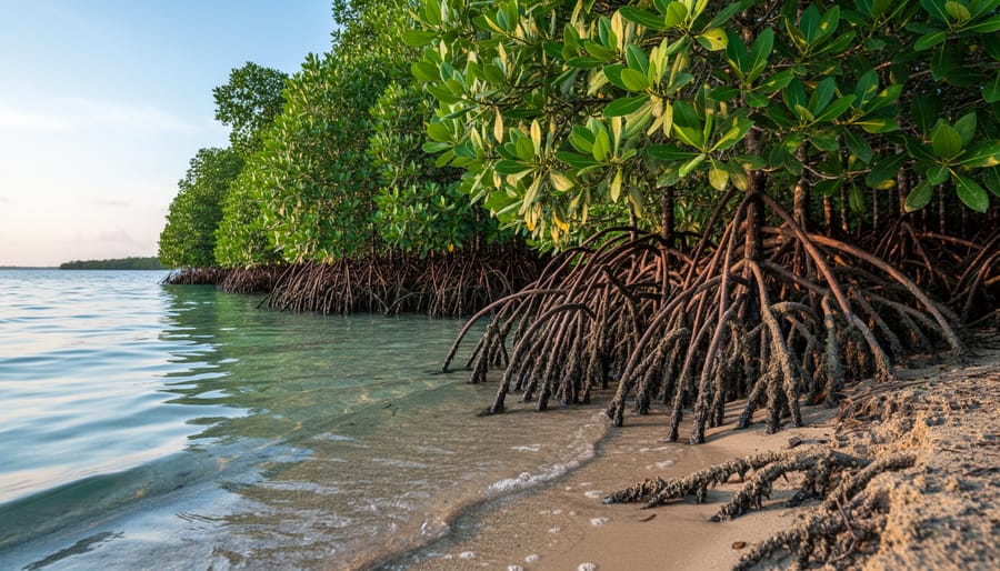 Aerial view of mangrove forest with visible root systems in clear coastal waters
