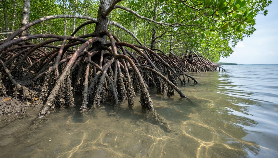 Close-up of mangrove roots submerged in water showing natural filtration system