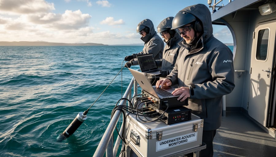 Marine biologist using hydrophone to record underwater sounds near coral reef