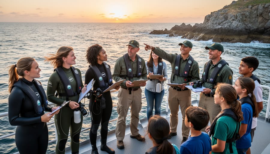 Young marine conservation graduate standing on research vessel with scientific equipment