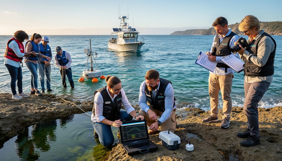 Team of marine researchers and volunteers installing monitoring equipment underwater near coral reef
