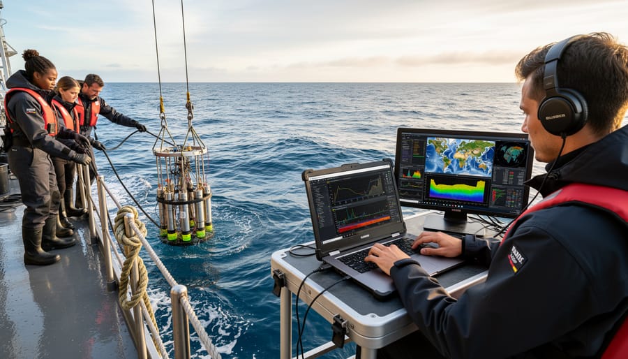 Marine data scientist analyzing ocean data on laptop aboard research vessel