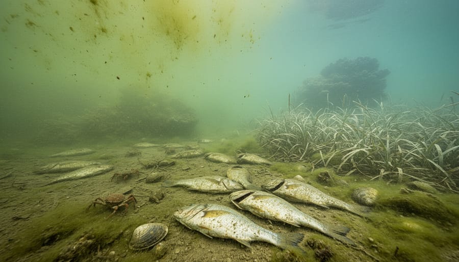 Dead fish on ocean floor in oxygen-depleted water caused by harmful algal bloom