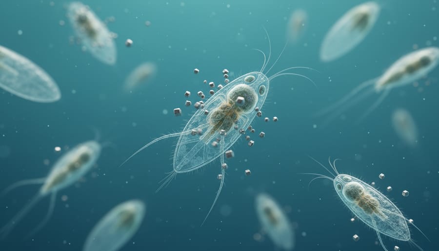 Microscope view of marine phytoplankton and zooplankton showing cellular detail