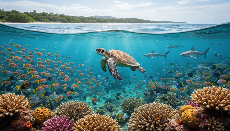 Aerial view of protected coral reef ecosystem in clear tropical waters