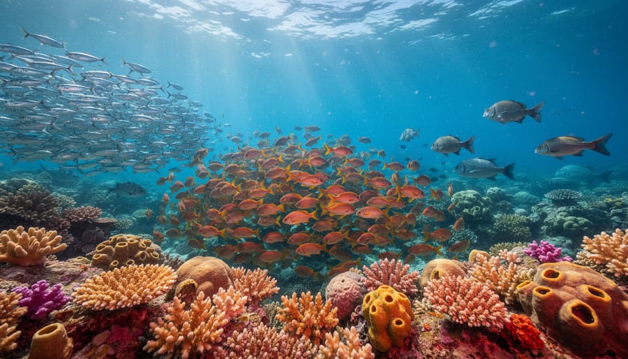 Aerial view of healthy coral reef marine protected area with schools of fish
