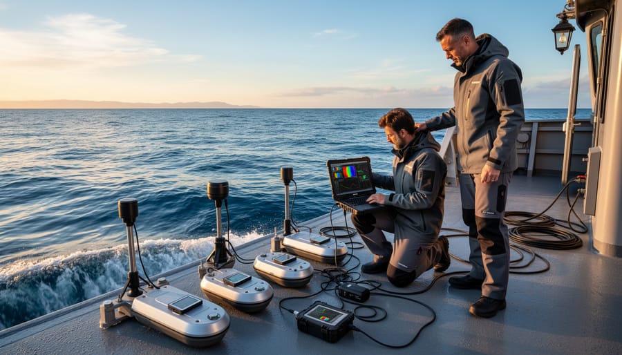 Marine biologist using monitoring equipment to track ocean health near coral reef