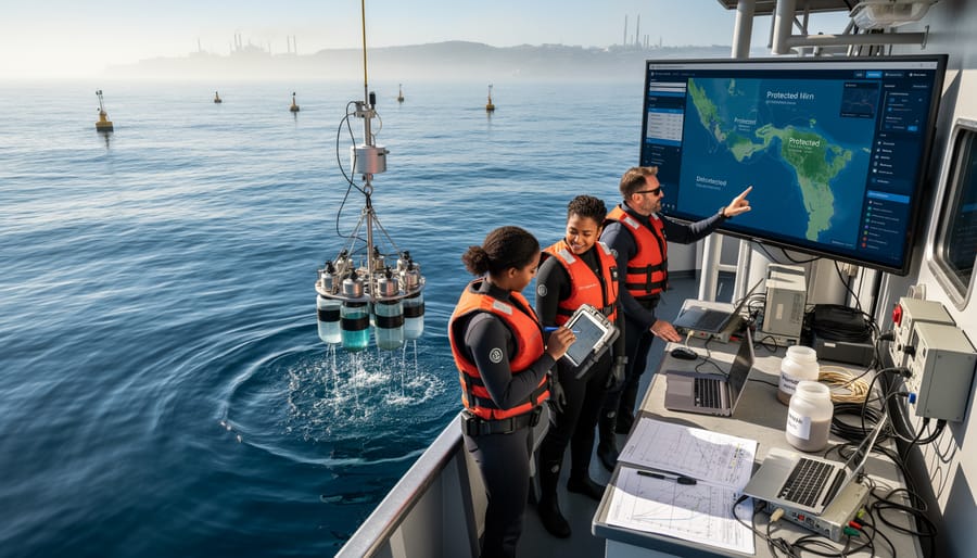 Marine biologist collecting water samples underwater for ocean pollution research