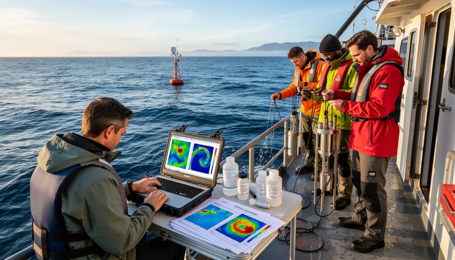Marine biologist conducting underwater coral reef research with data collection equipment