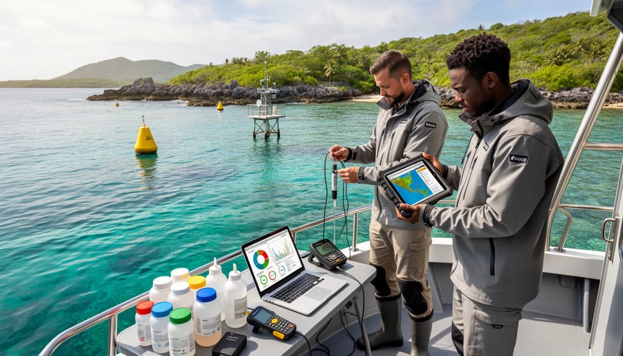Marine biologist conducting habitat health assessment in seagrass meadow with monitoring equipment