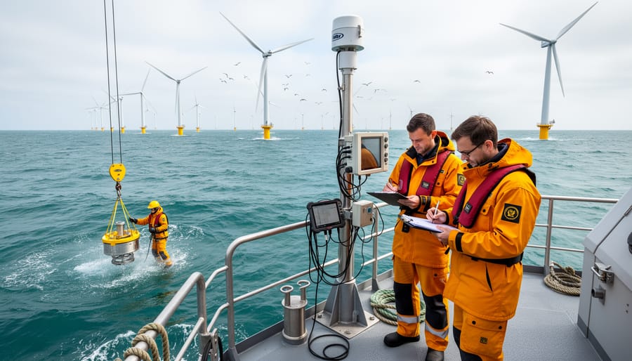 Marine biologist conducting underwater research near offshore wind turbine foundation