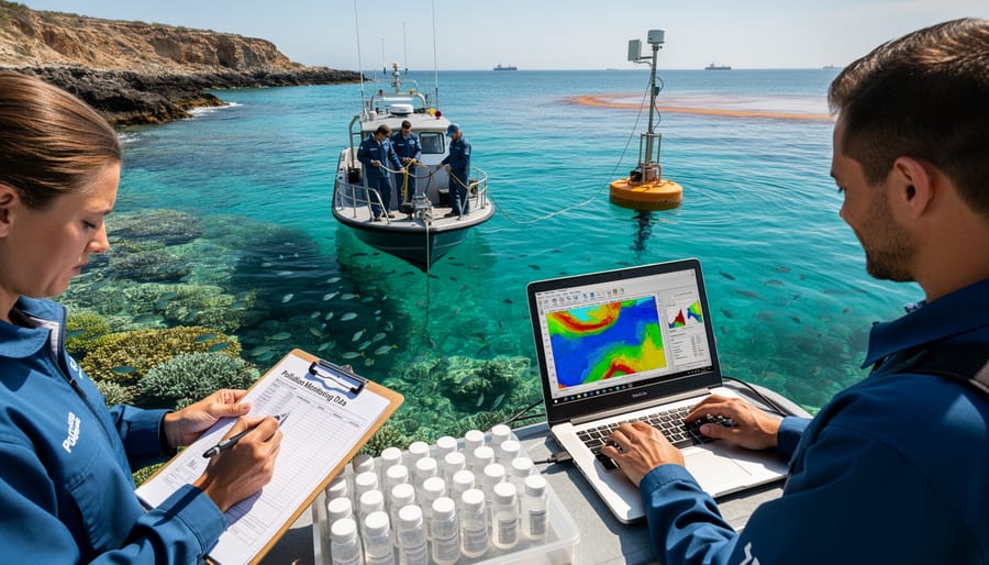 Marine biologist conducting research near healthy coral reef ecosystem