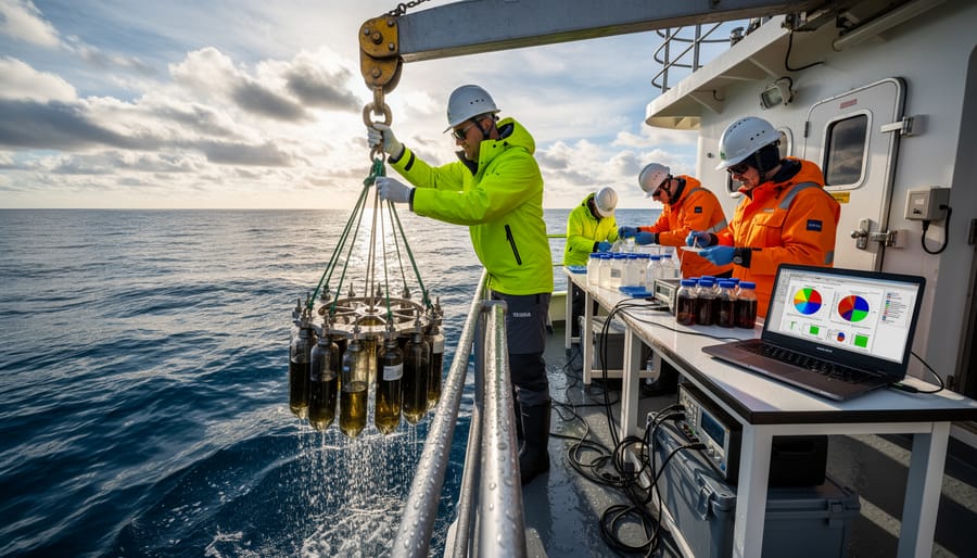 Marine scientist examining water sample on research vessel