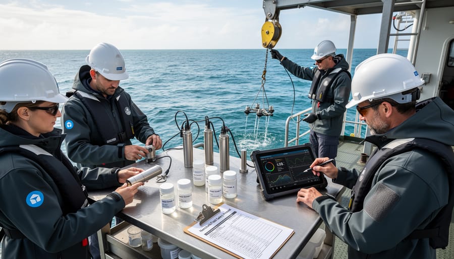 Marine researcher collecting and examining water samples on research vessel deck