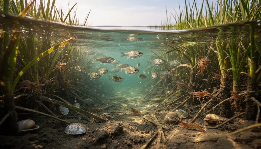 Juvenile fish and shrimp sheltering among salt marsh vegetation underwater