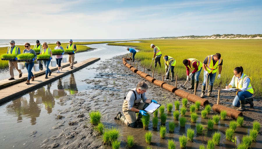 Volunteers and scientists planting cordgrass during salt marsh restoration project