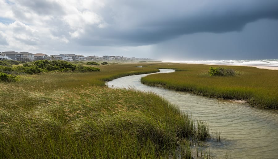 Aerial view of salt marsh buffering coastal homes from storm waves