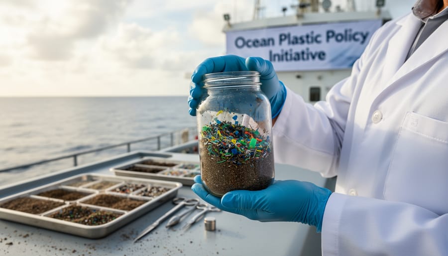 Close-up of microplastic particles and fragments mixed with beach sand