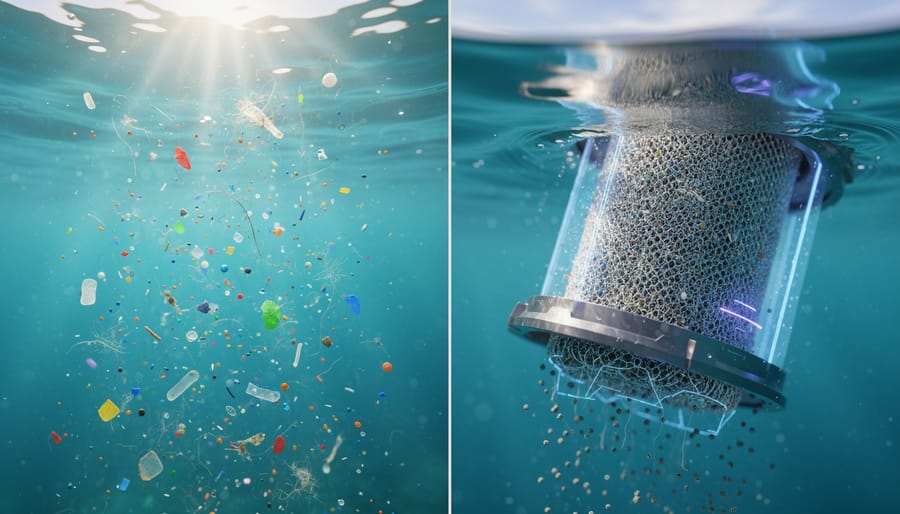 Microplastic particles suspended in ocean water showing marine pollution
