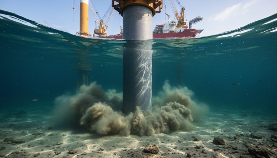 Underwater view of monopile foundation installation creating sediment plume on ocean floor