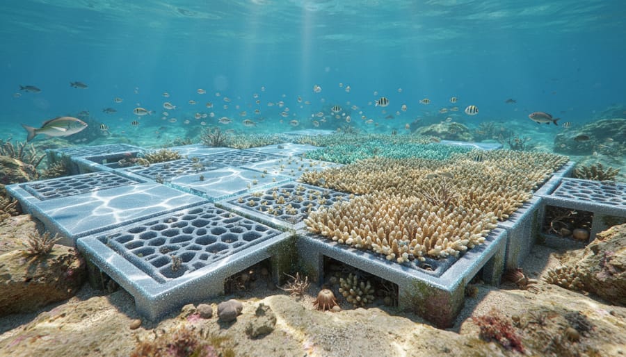 Thriving coral community growing on artificial reef structure underwater