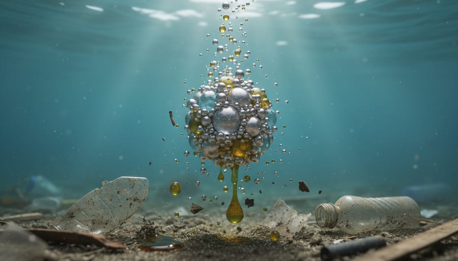 Underwater view of nanoparticles and microplastics suspended in ocean water with coral reef background