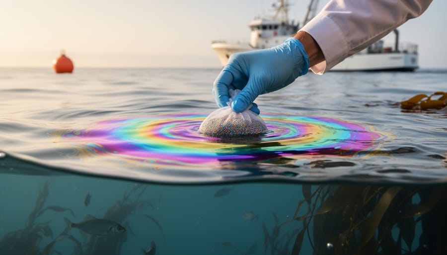 Over-under view of a gloved hand lowering a small mesh pouch infused with nanoparticles that absorbs a rainbow oil sheen, with a blurred research vessel above water and faint kelp and fish visible below.