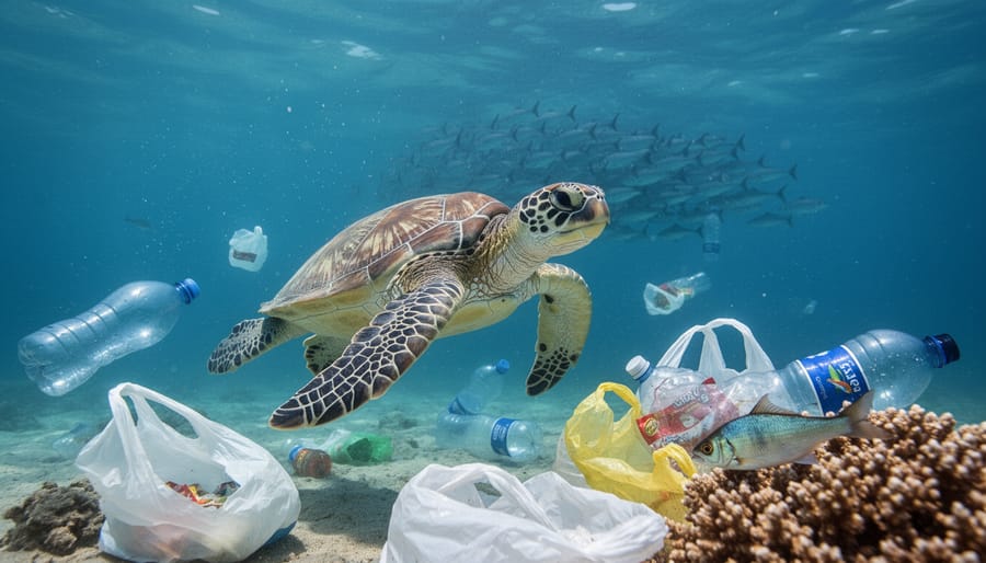 Sea turtle swimming among plastic pollution in ocean waters