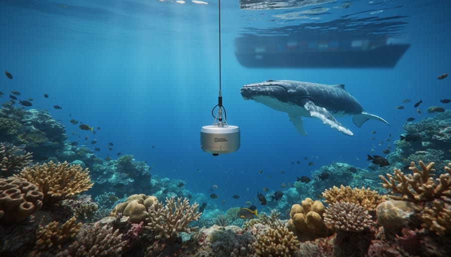 Underwater hydrophone near a colorful coral reef with a humpback whale in the distance and sunbeams overhead, faint cargo ship silhouette on the surface.