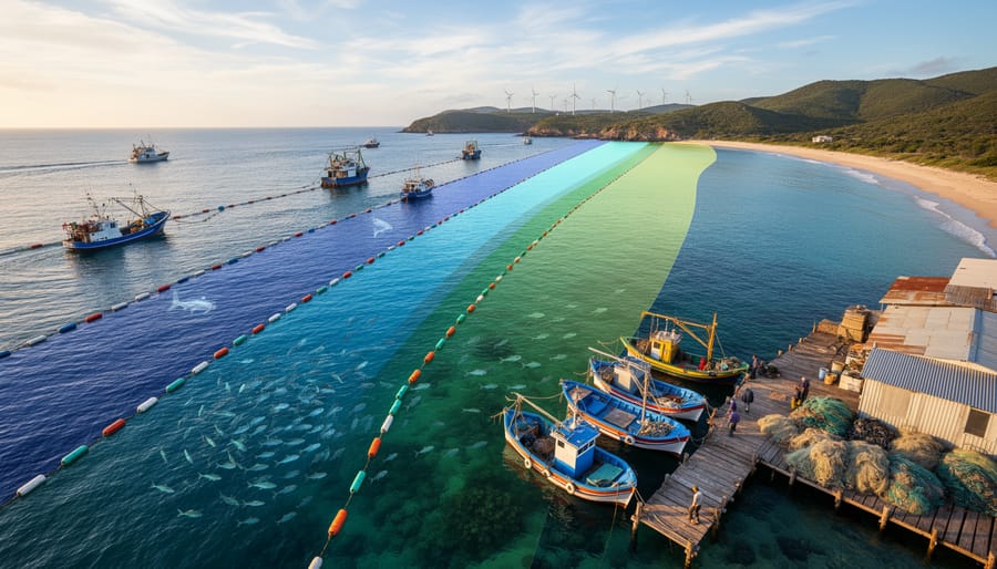 Aerial view of fishing boats in designated coastal zone with visible ocean boundaries