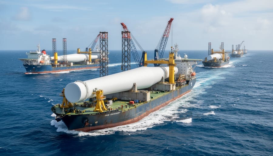 Aerial view of offshore wind installation vessel carrying turbine components across ocean
