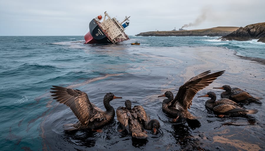Oil-covered seabird on polluted beach showing environmental impact of oil spills