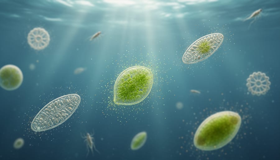 Microscopic phytoplankton suspended in illuminated ocean water