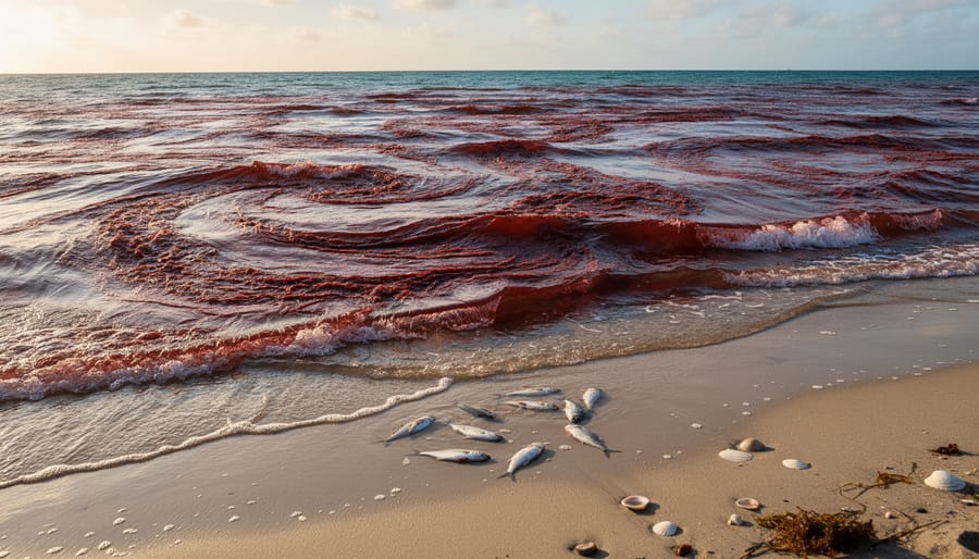 Aerial view of red tide algal bloom showing rust-colored water swirling through blue ocean