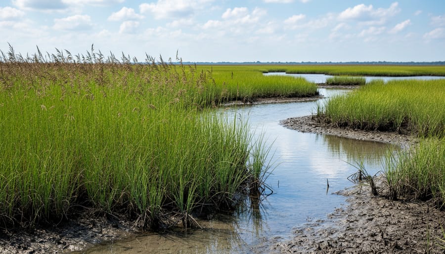 Golden cordgrass stalks in coastal salt marsh at sunset
