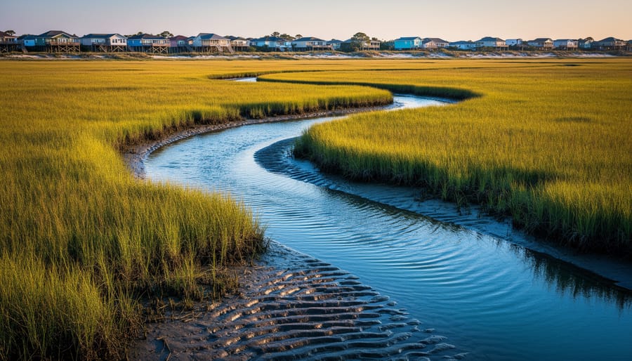 Winding tidal creek cutting through green cordgrass in a coastal salt marsh at golden hour, with rippled mudflats and calm blue water in the foreground and softly blurred stilted seaside homes and dunes on the horizon