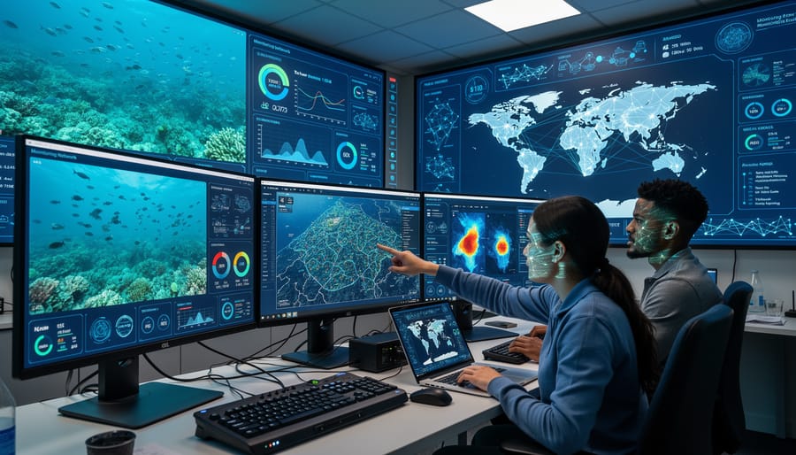 Marine scientist analyzing underwater monitoring data on research vessel