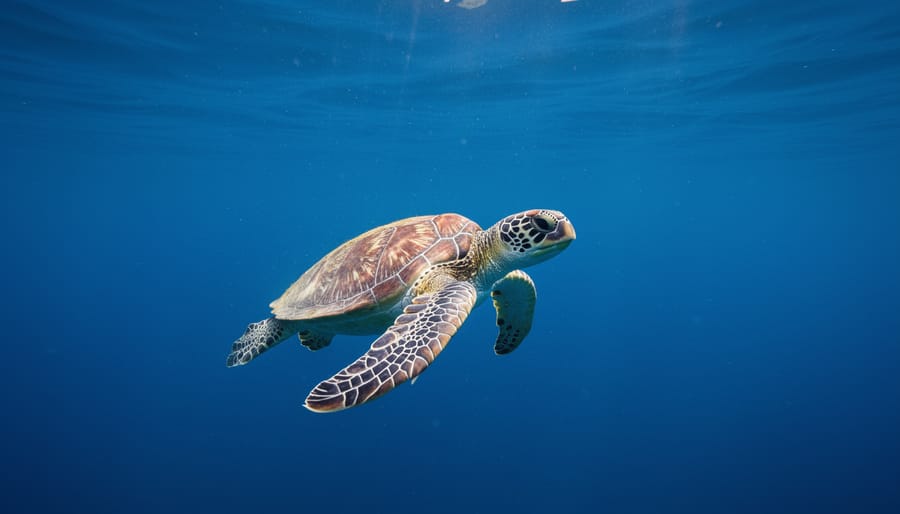 Sea turtle swimming through sunlit ocean water during migration