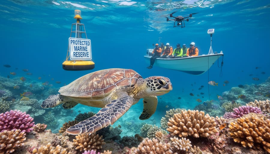 Sea turtle swimming in clear blue water above seagrass meadow with sunlight streaming from surface