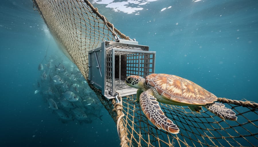 Underwater view of fishing net with turtle excluder device grid structure