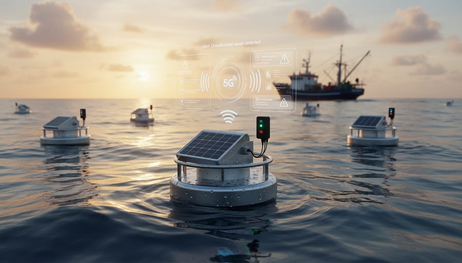 Solar-powered smart buoy with IoT sensors floating in ocean waters