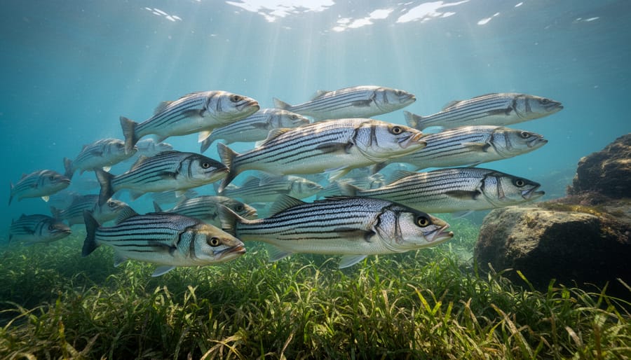 School of striped bass swimming in clear ocean water showing population recovery