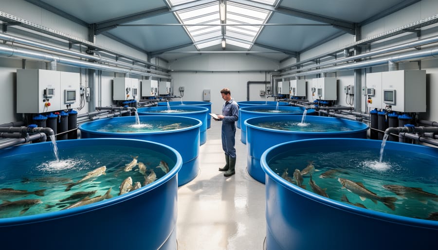 Modern sustainable aquaculture facility with recirculating tank systems