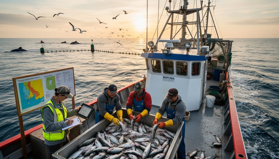 Commercial fishing crew working with nets on vessel at sunrise