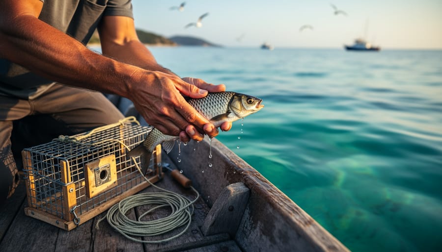 Small-scale fisher on a wooden boat releasing a juvenile fish into clear turquoise water at golden hour, with handline gear and a trap featuring an escape panel; blurred coastline, seabirds, and other small boats in the background.