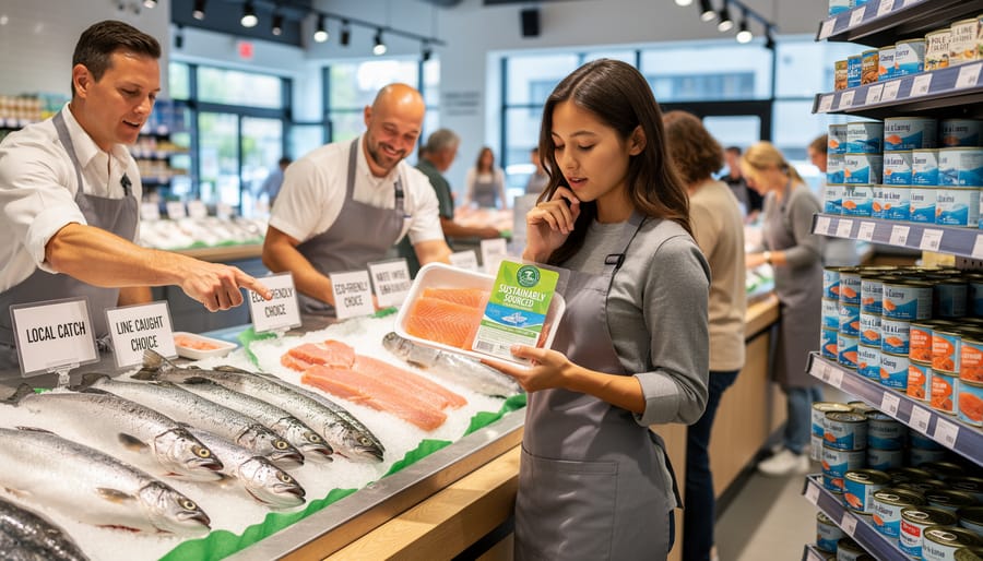 Shoppers examining sustainable seafood certification labels at fish market